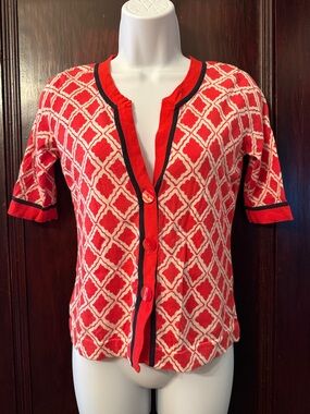 Ann Taylor Loft Red & Cream Geometric Button-Front Cardigan with Navy Blue Trim